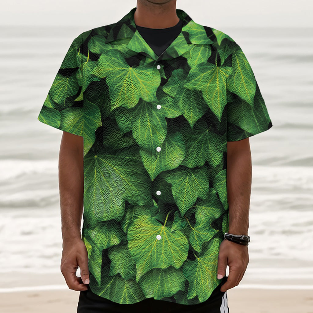 Green Ivy Leaf Print Textured Short Sleeve Shirt