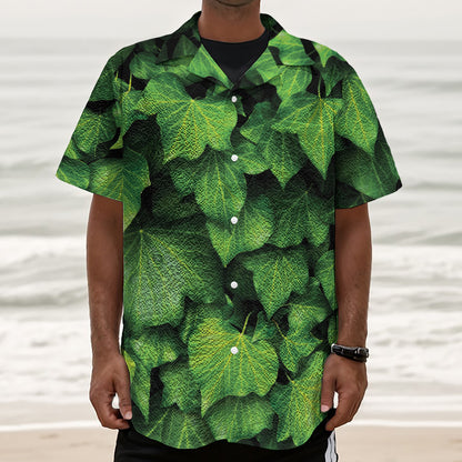 Green Ivy Leaf Print Textured Short Sleeve Shirt