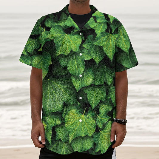 Green Ivy Leaf Print Textured Short Sleeve Shirt