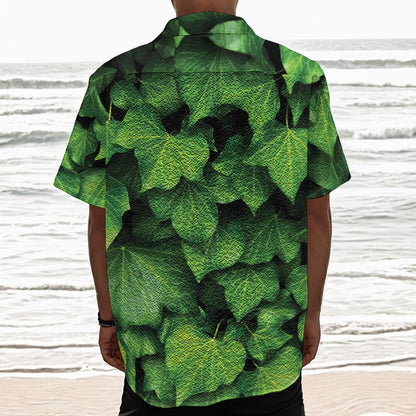 Green Ivy Leaf Print Textured Short Sleeve Shirt