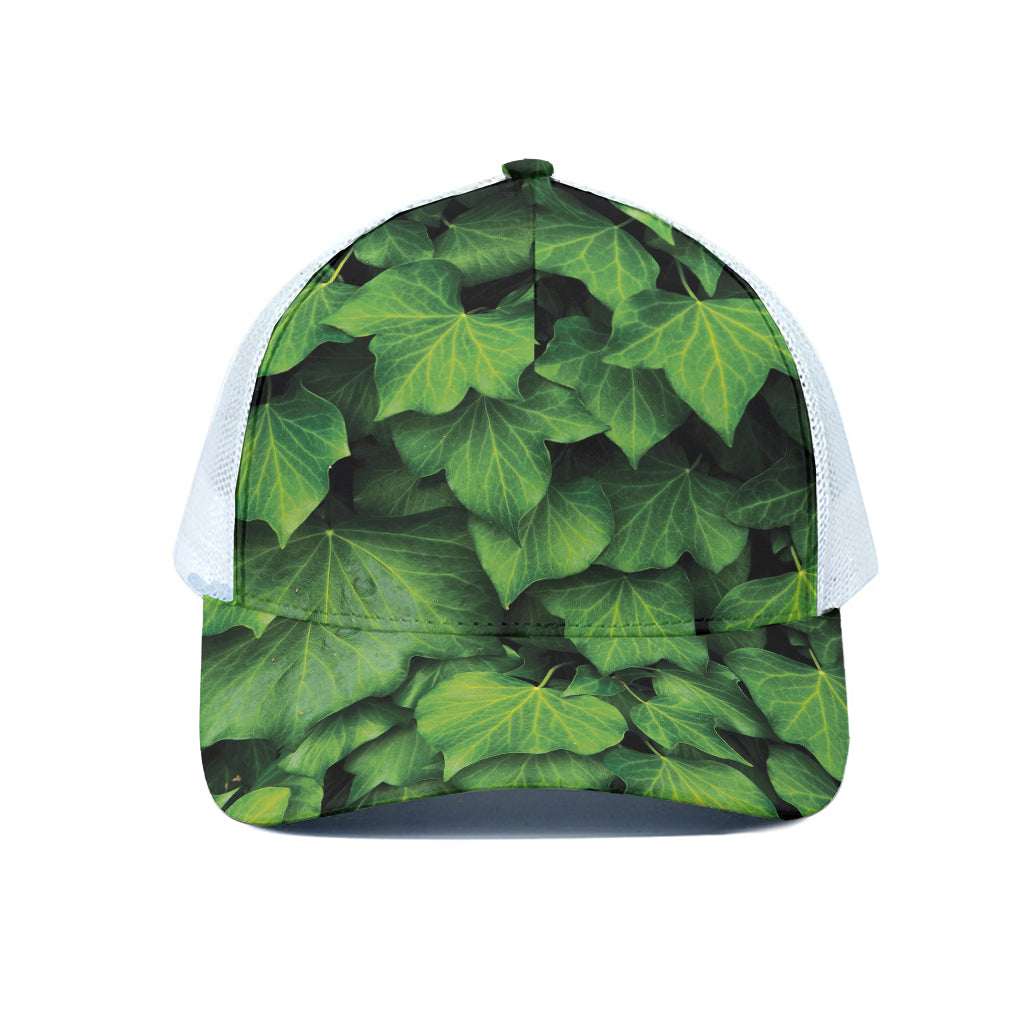 Green Ivy Leaf Print White Mesh Trucker Cap