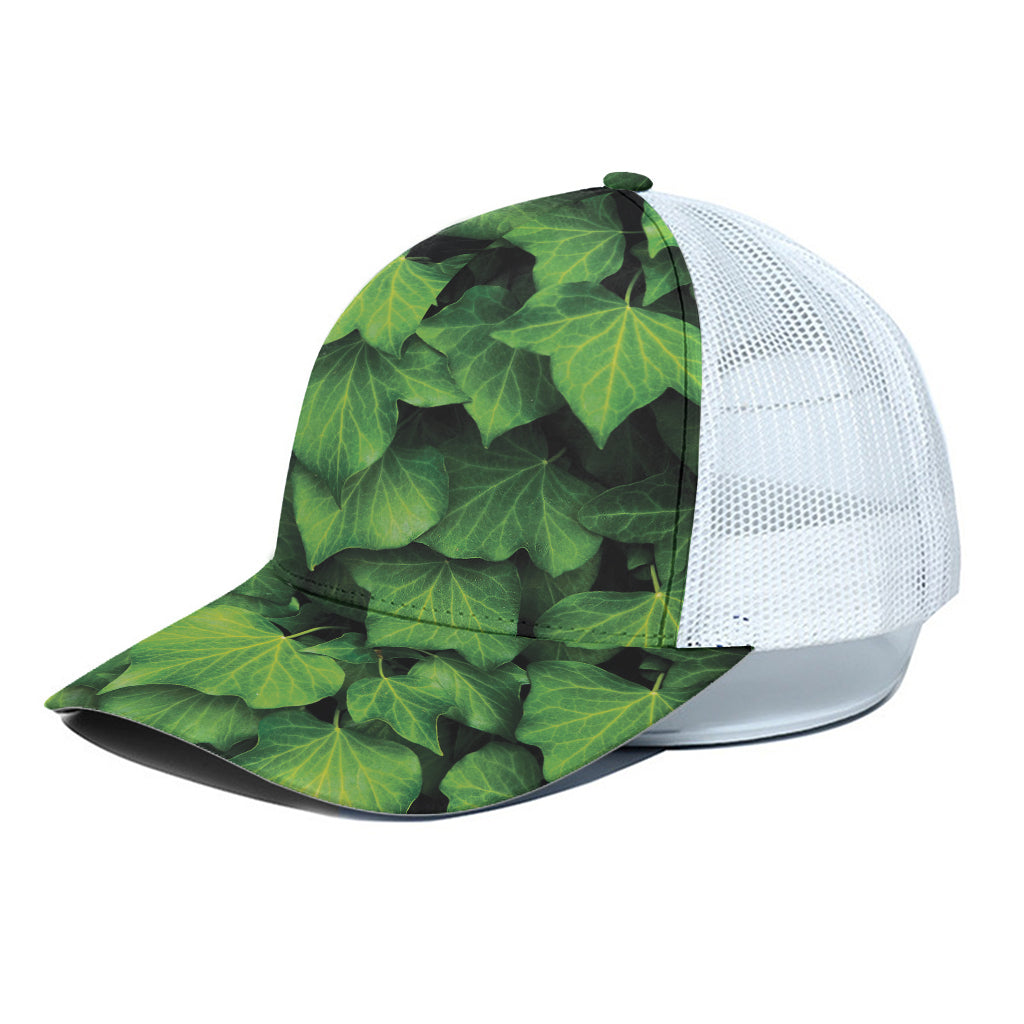 Green Ivy Leaf Print White Mesh Trucker Cap