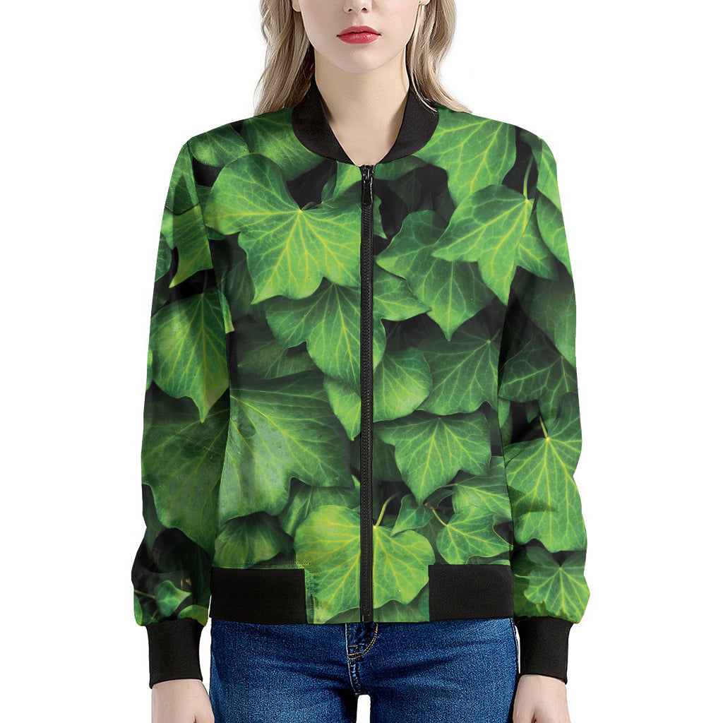 Green Ivy Leaf Print Women's Bomber Jacket