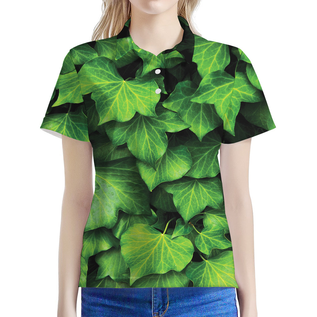 Green Ivy Leaf Print Women's Polo Shirt