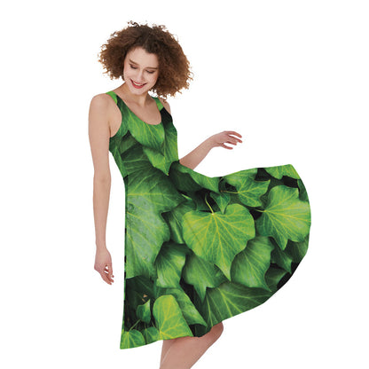 Green Ivy Leaf Print Women's Sleeveless Dress