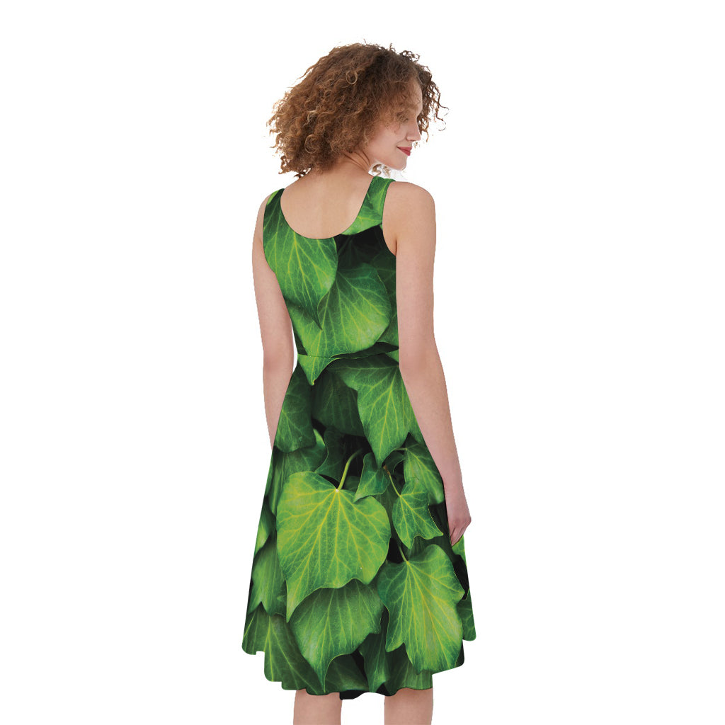 Green Ivy Leaf Print Women's Sleeveless Dress