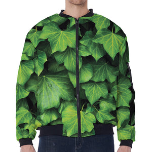 Green Ivy Leaf Print Zip Sleeve Bomber Jacket