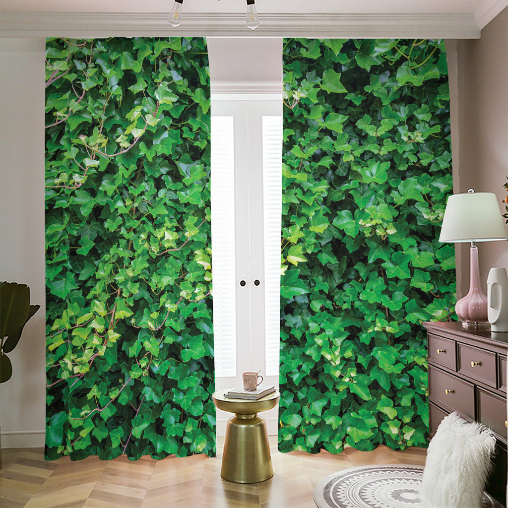 Green Ivy Wall Print Blackout Pencil Pleat Curtains