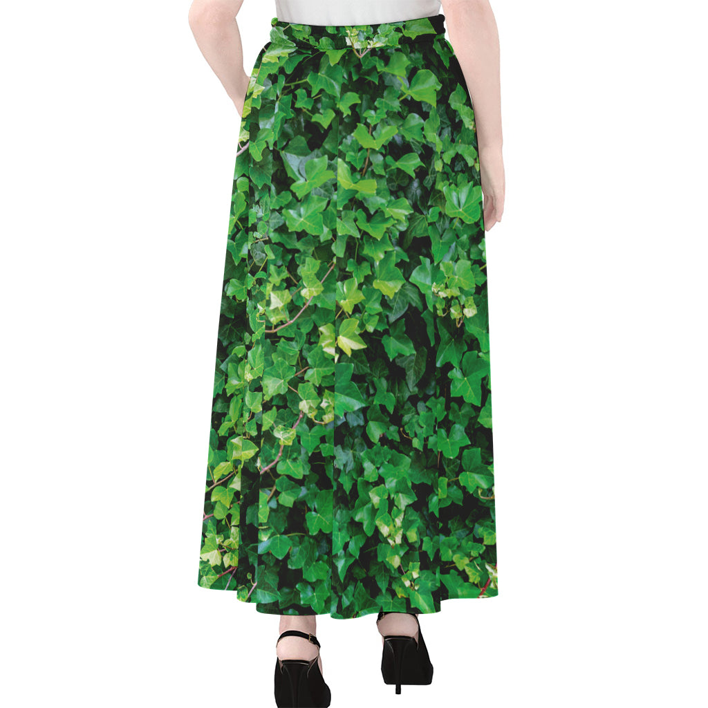 Green Ivy Wall Print Chiffon Maxi Skirt