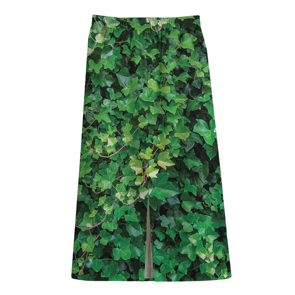 Green Ivy Wall Print Cotton Front Slit Maxi Skirt