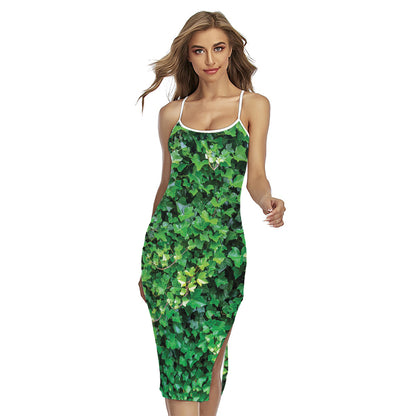 Green Ivy Wall Print Cross Back Cami Dress