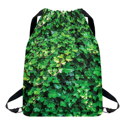 Green Ivy Wall Print Drawstring Backpack