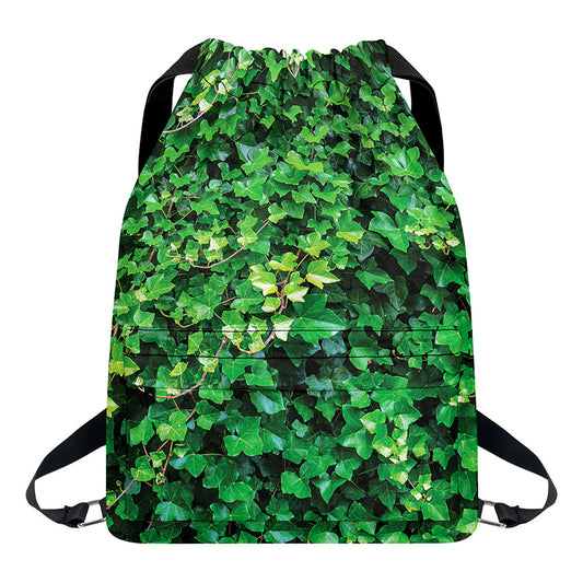Green Ivy Wall Print Drawstring Backpack