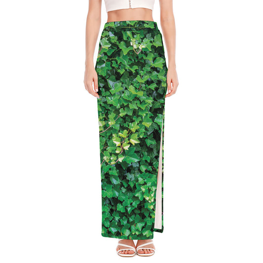 Green Ivy Wall Print High Slit Maxi Skirt