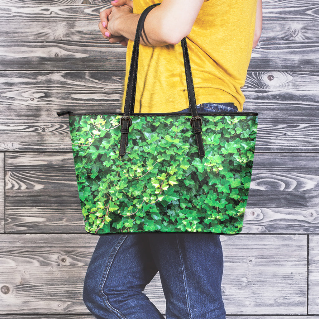 Green Ivy Wall Print Leather Tote Bag