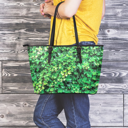 Green Ivy Wall Print Leather Tote Bag