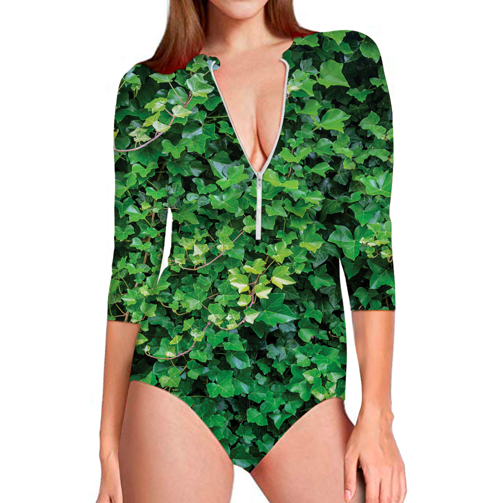 Green Ivy Wall Print Long Sleeve Swimsuit