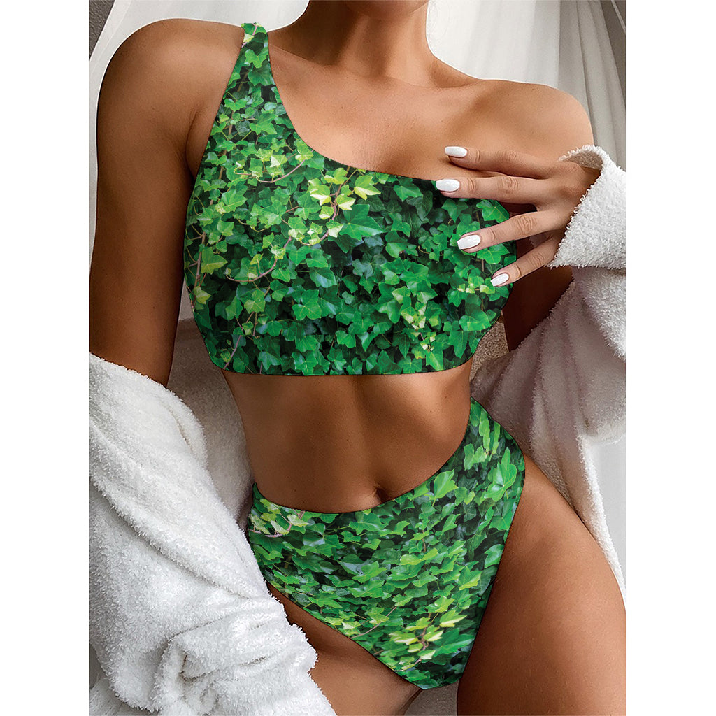 Green Ivy Wall Print One Shoulder Bikini Top