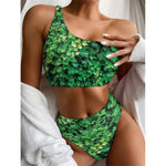 Green Ivy Wall Print One Shoulder Bikini Top