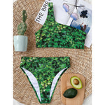 Green Ivy Wall Print One Shoulder Bikini Top