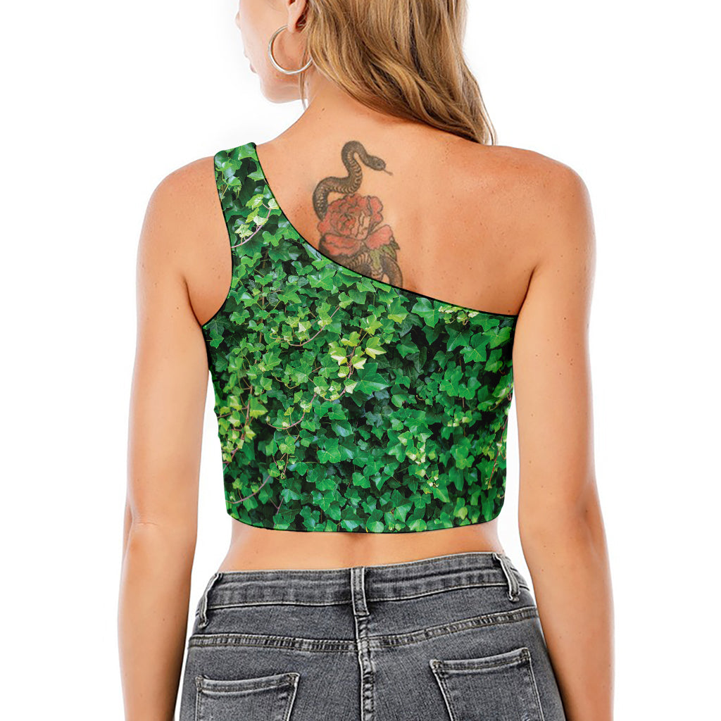 Green Ivy Wall Print One Shoulder Crop Top