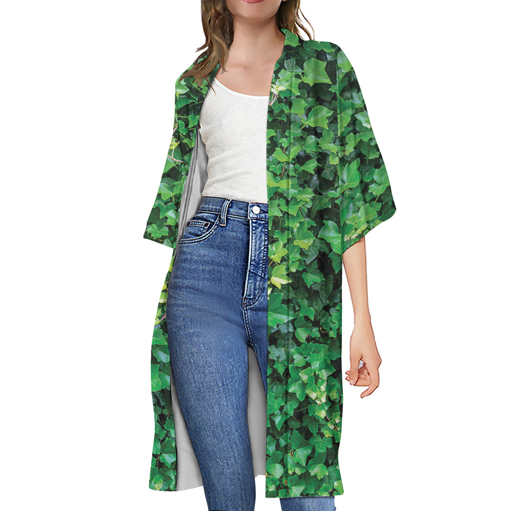 Green Ivy Wall Print Open Front Beach Cover Up