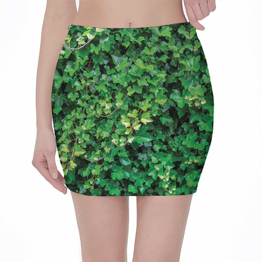 Green Ivy Wall Print Pencil Mini Skirt