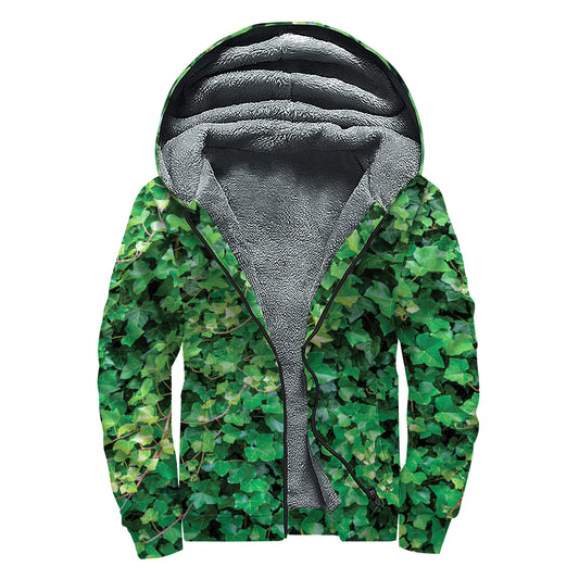 Green Ivy Wall Print Sherpa Lined Zip Up Hoodie