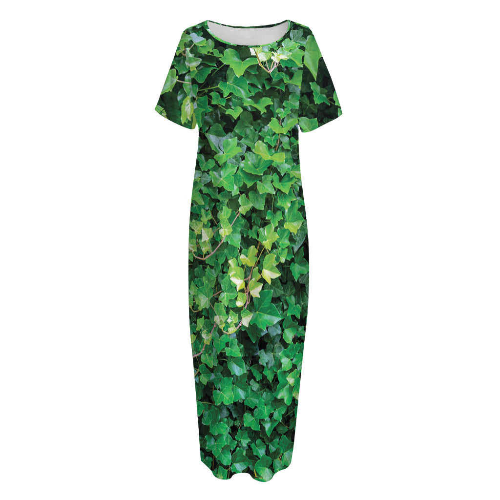 Green Ivy Wall Print Short Sleeve Long Nightdress