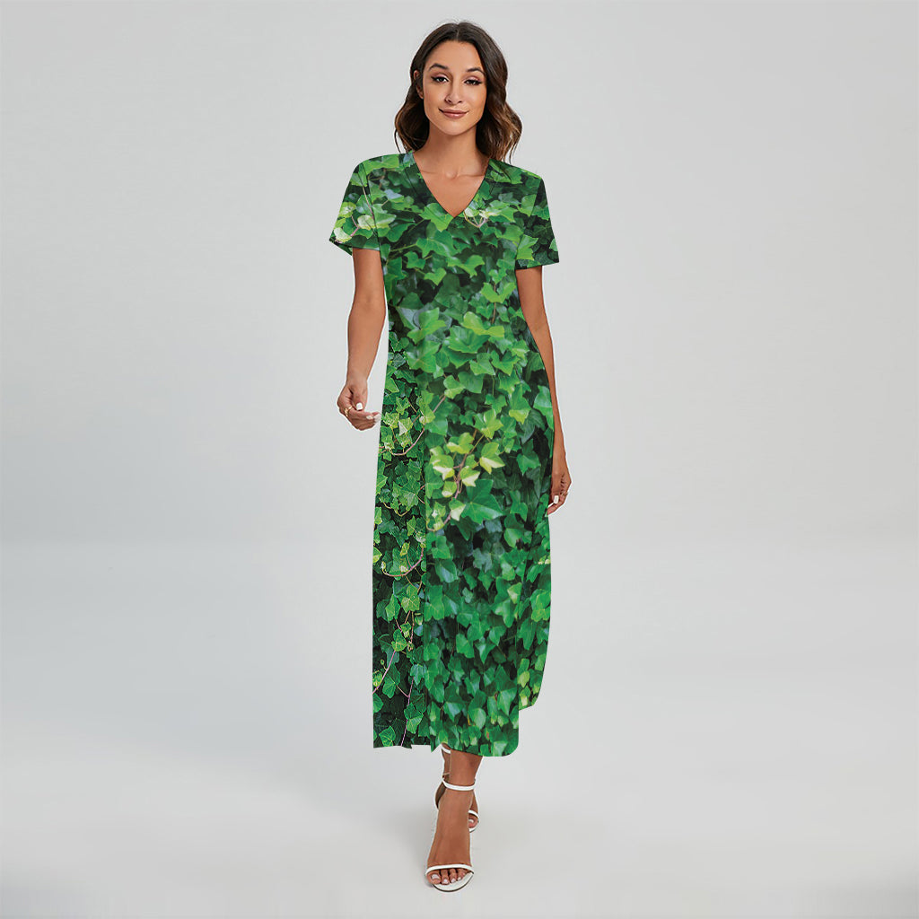 Green Ivy Wall Print Short Sleeve Maxi Dress