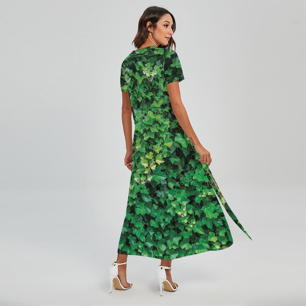 Green Ivy Wall Print Short Sleeve Maxi Dress