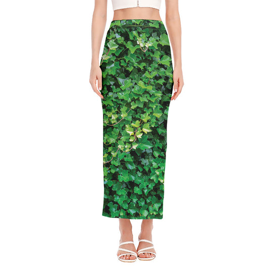 Green Ivy Wall Print Side Slit Maxi Skirt