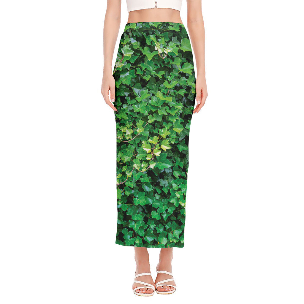 Green Ivy Wall Print Side Slit Maxi Skirt