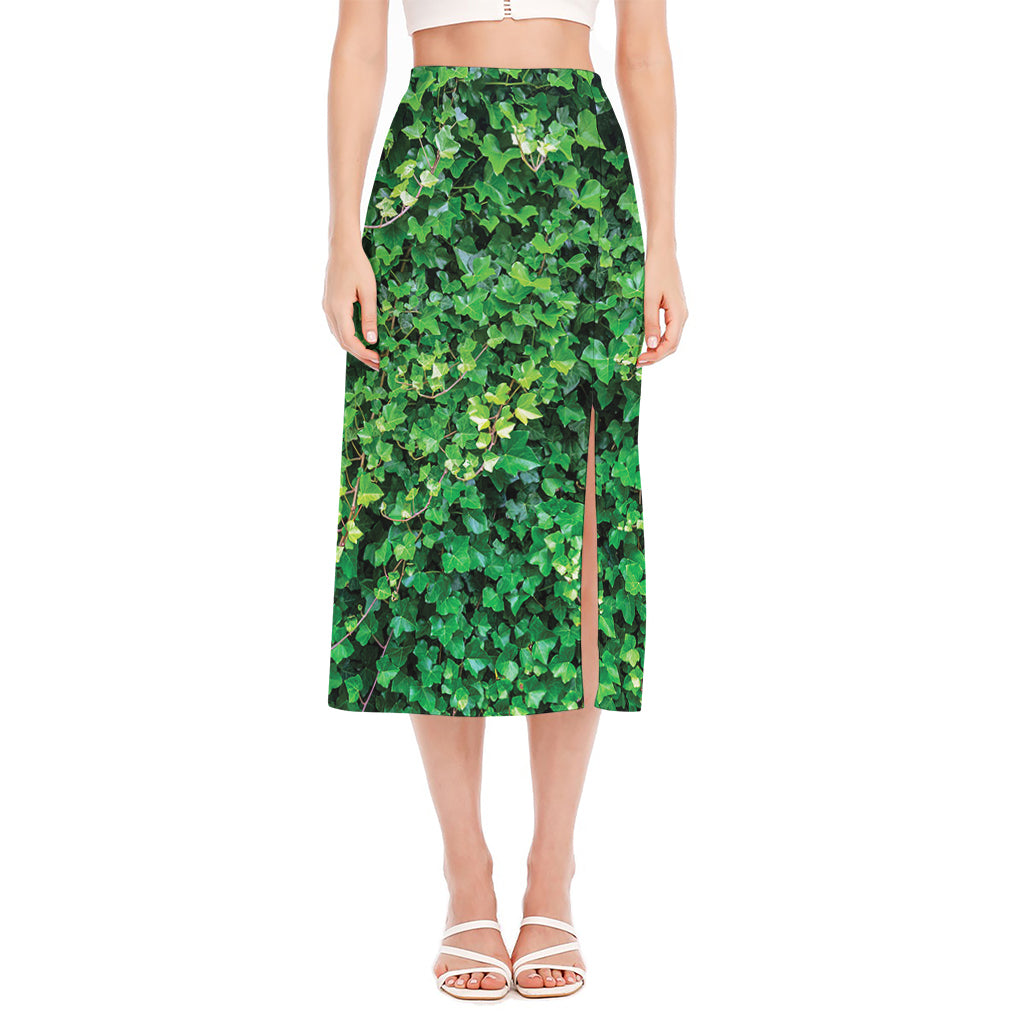 Green Ivy Wall Print Side Slit Midi Skirt