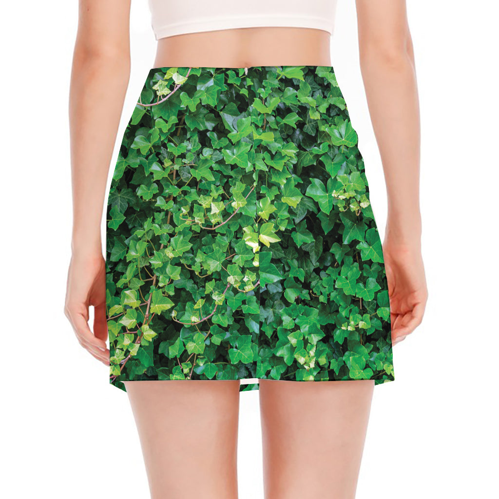 Green Ivy Wall Print Side Slit Mini Skirt