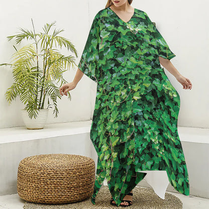 Green Ivy Wall Print Silk V-Neck Kaftan Dress