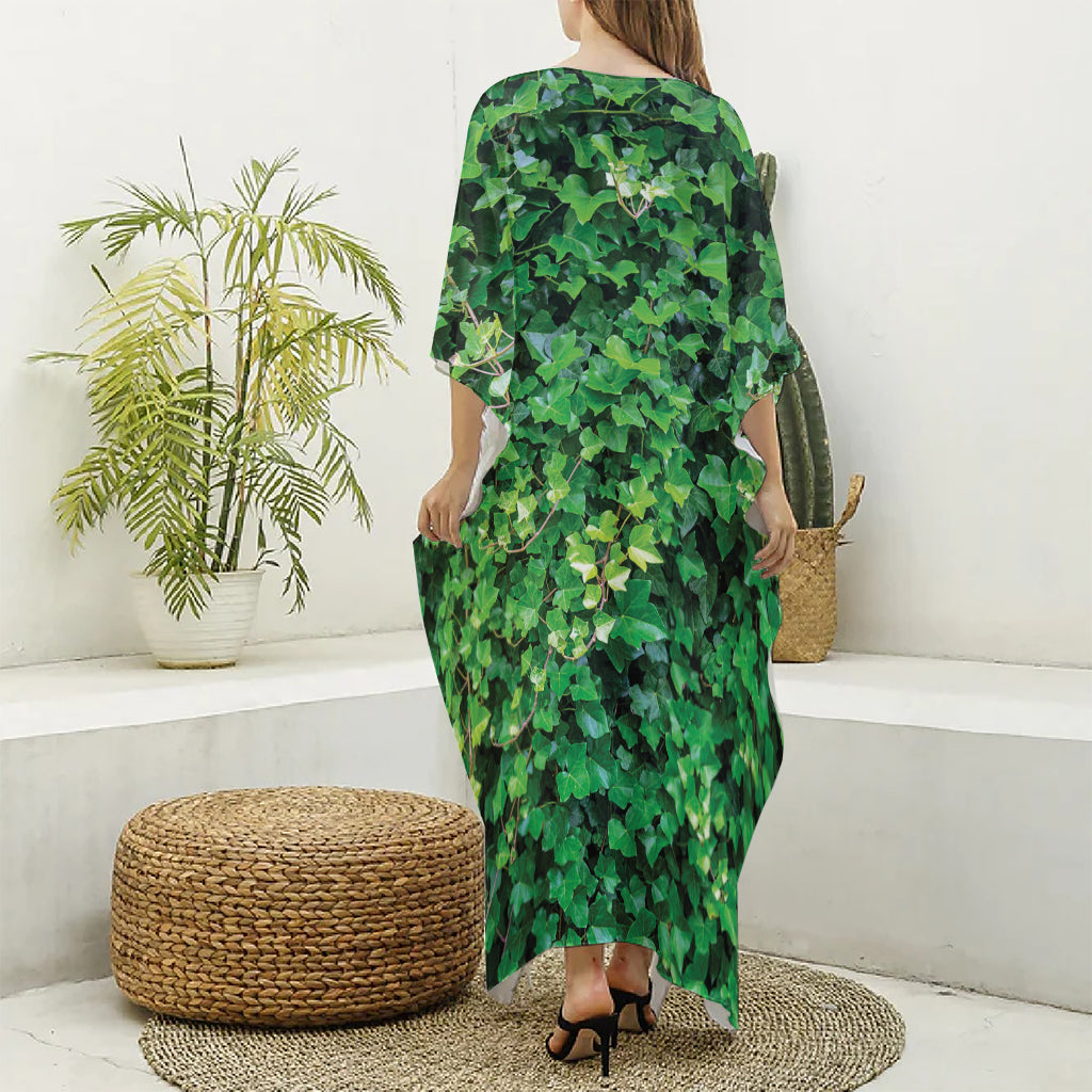 Green Ivy Wall Print Silk V-Neck Kaftan Dress
