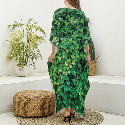 Green Ivy Wall Print Silk V-Neck Kaftan Dress