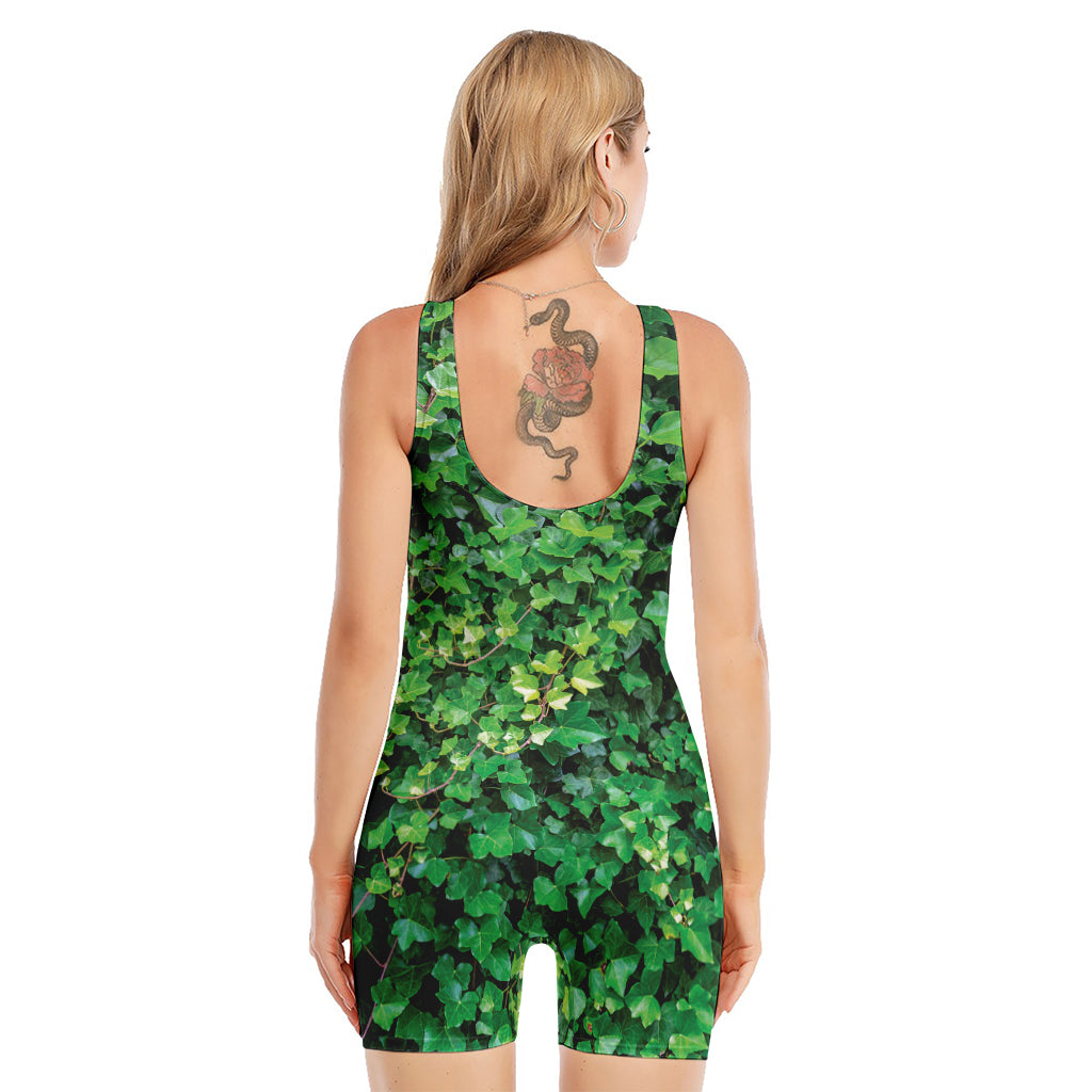 Green Ivy Wall Print Sleeveless One Piece Swimsuit