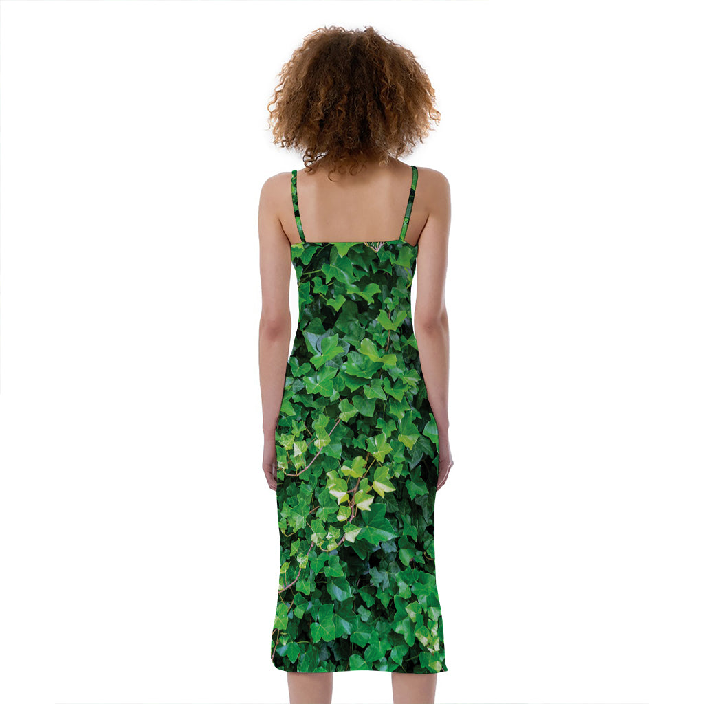 Green Ivy Wall Print Slim Fit Midi Cami Dress