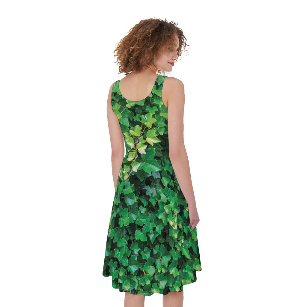 Green Ivy Wall Print Women's Sleeveless Dress