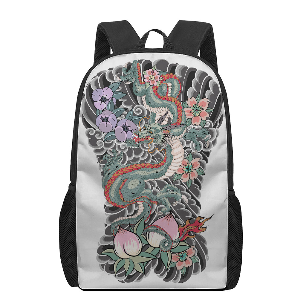 Green Japanese Dragon Tattoo Print 17 Inch Backpack