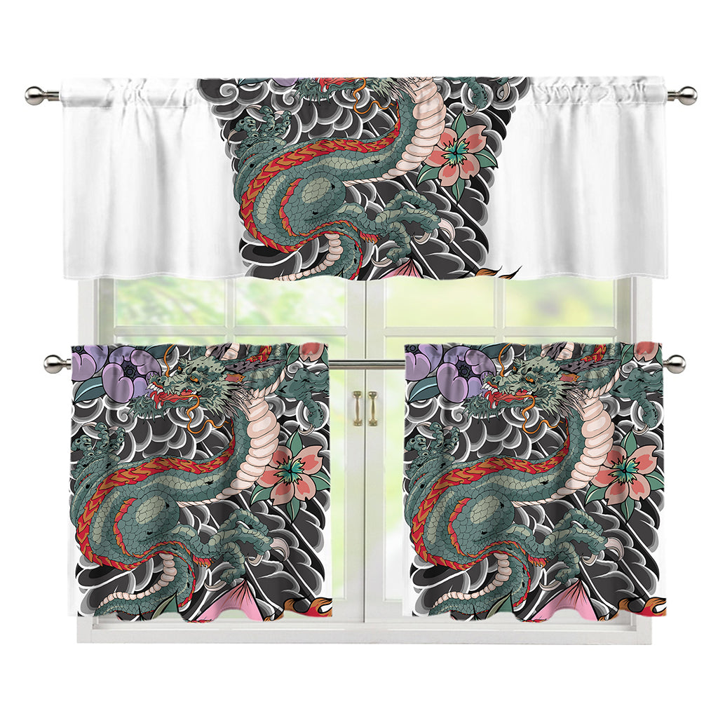 Green Japanese Dragon Tattoo Print 3 Piece Kitchen Curtains