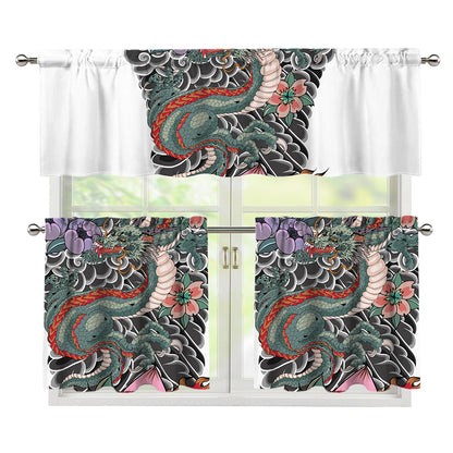 Green Japanese Dragon Tattoo Print 3 Piece Kitchen Curtains