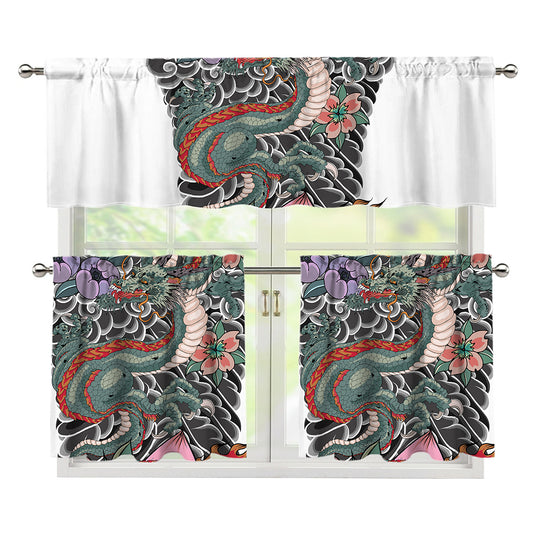 Green Japanese Dragon Tattoo Print 3 Piece Kitchen Curtains