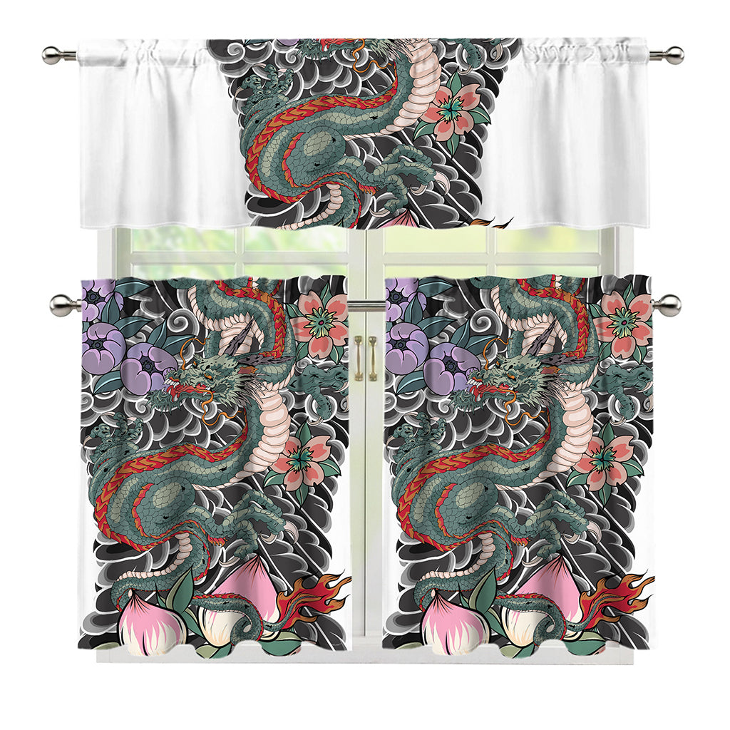 Green Japanese Dragon Tattoo Print 3 Piece Kitchen Curtains