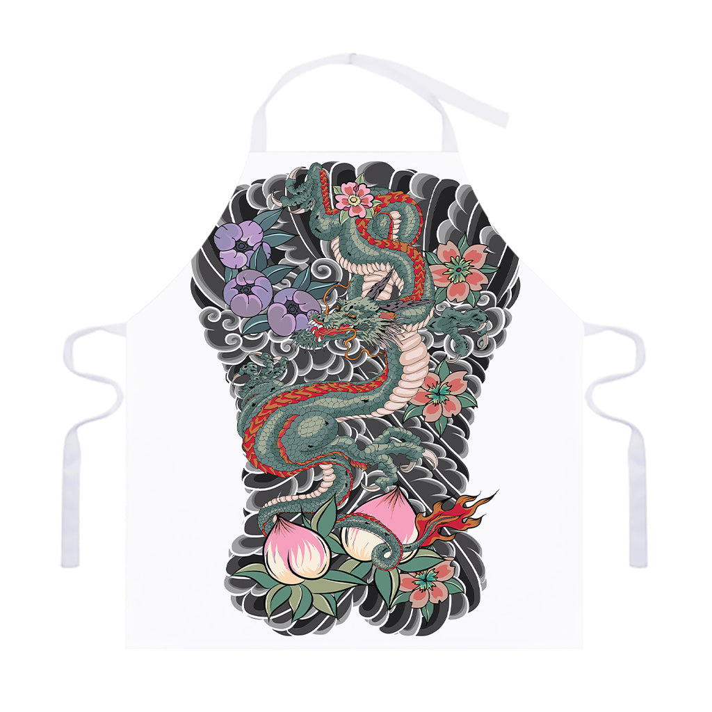 Green Japanese Dragon Tattoo Print Adjustable Apron