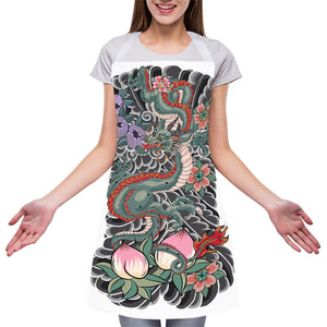 Green Japanese Dragon Tattoo Print Adjustable Apron