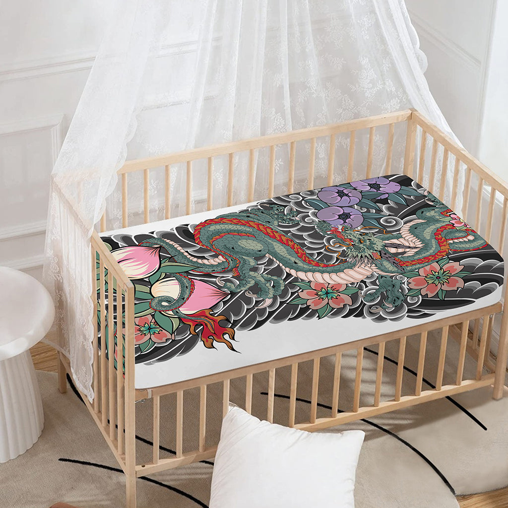 Green Japanese Dragon Tattoo Print Baby Crib Sheet