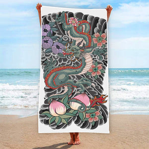 Green Japanese Dragon Tattoo Print Beach Towel